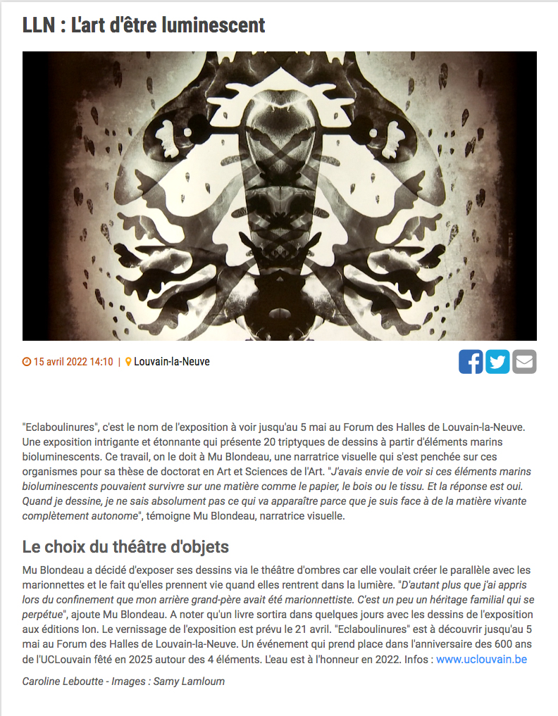 Mu Blondeau Eclaboulinures expo art bioluminescent TVCOM 15 avril 2022